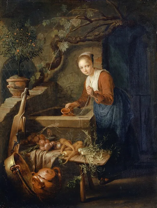 Kitchen Maid At The Well Wall Art by Gerrit Dou - High-Resolution Digital Print