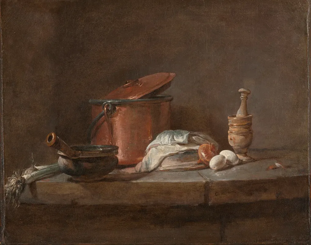 Kitchen Utensils With Leeks Fish And Eggs Wall Art by Jean Siméon Chardin - High-Resolution Digital Print