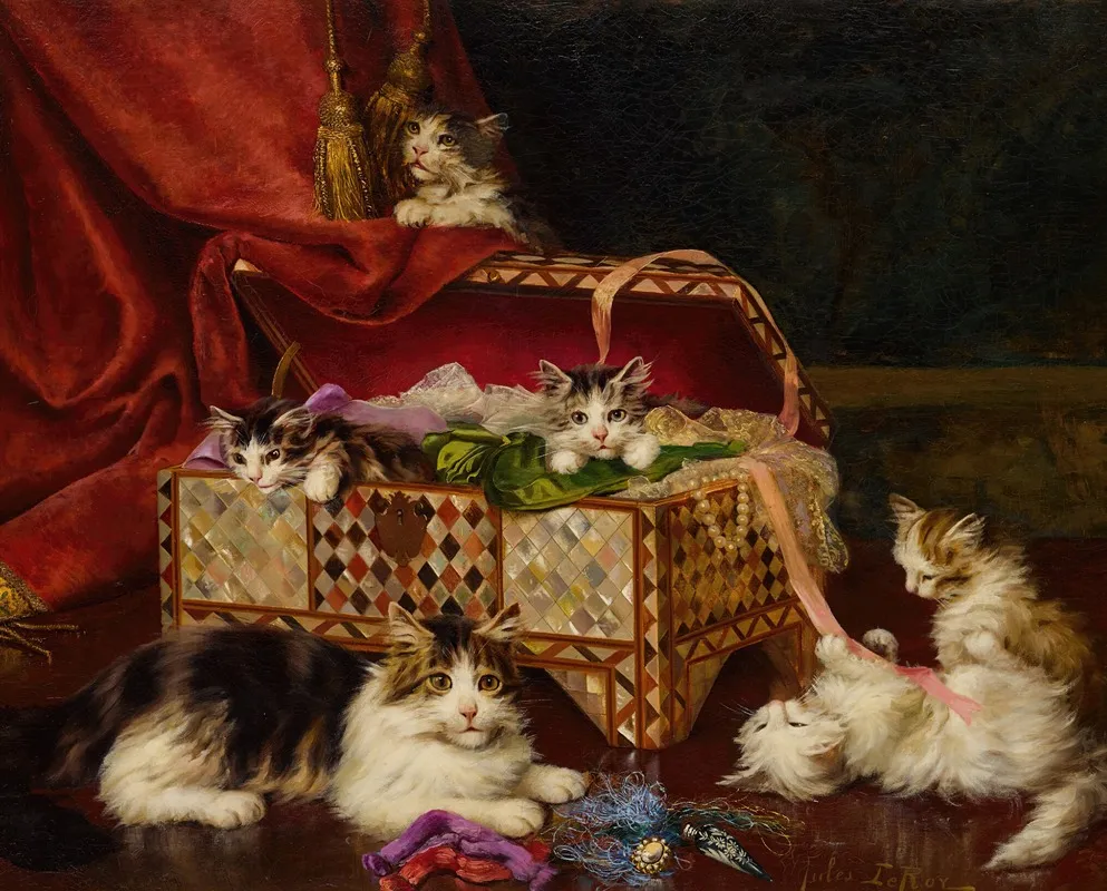 Kittens In Sewing Basket Wall Art by Jules Leroy - High-Resolution Digital Print