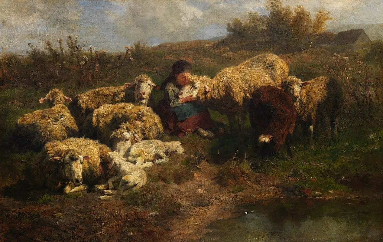 Kleine Hirtin Mit Schafen Wall Art by Anton Braith - High-Resolution Digital Print