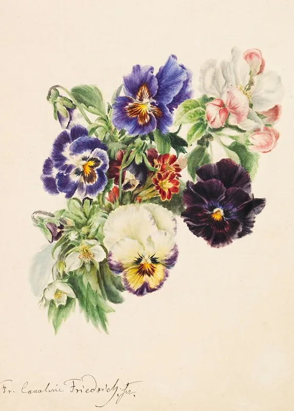 Kleiner Straus Mit Stiefmutterchen Apfelbluten Und Primeln Wall Art by Caroline Therese Friedrich - High-Resolution Digital Print