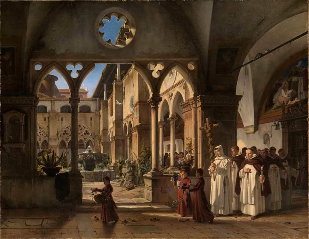 Klosterhof Mit Prozession Von Trinitariermonchen Wall Art by Wilhelm Gail - High-Resolution Digital Print