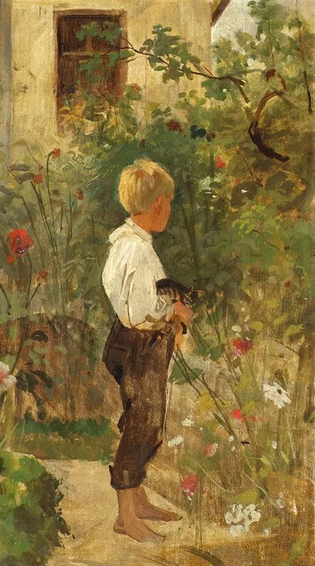 Knabe Mit Katze Im Garten Wall Art by Joseph Hasslwander - High-Resolution Digital Print