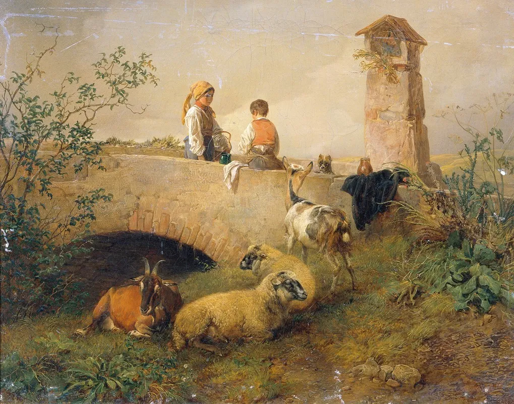 Knabe Und Madchen Mit Schafen Und Ziegen Wall Art by Leopold Brunner the younger - High-Resolution Digital Print