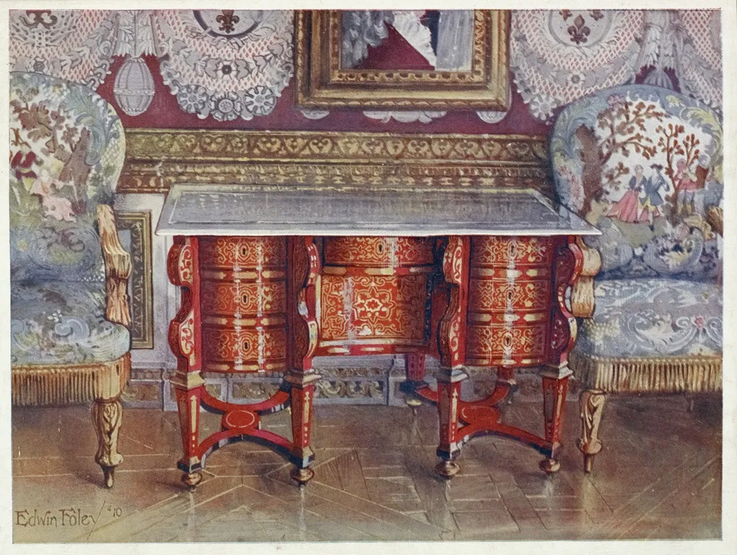 Kneehole Writing Table In Red Tortoiseshell Lacquer Steel Top Boulle Gilt Fauteuils Upholstered In Tapestry Wall Art by Edwin Foley - High-Resolution Digital Print
