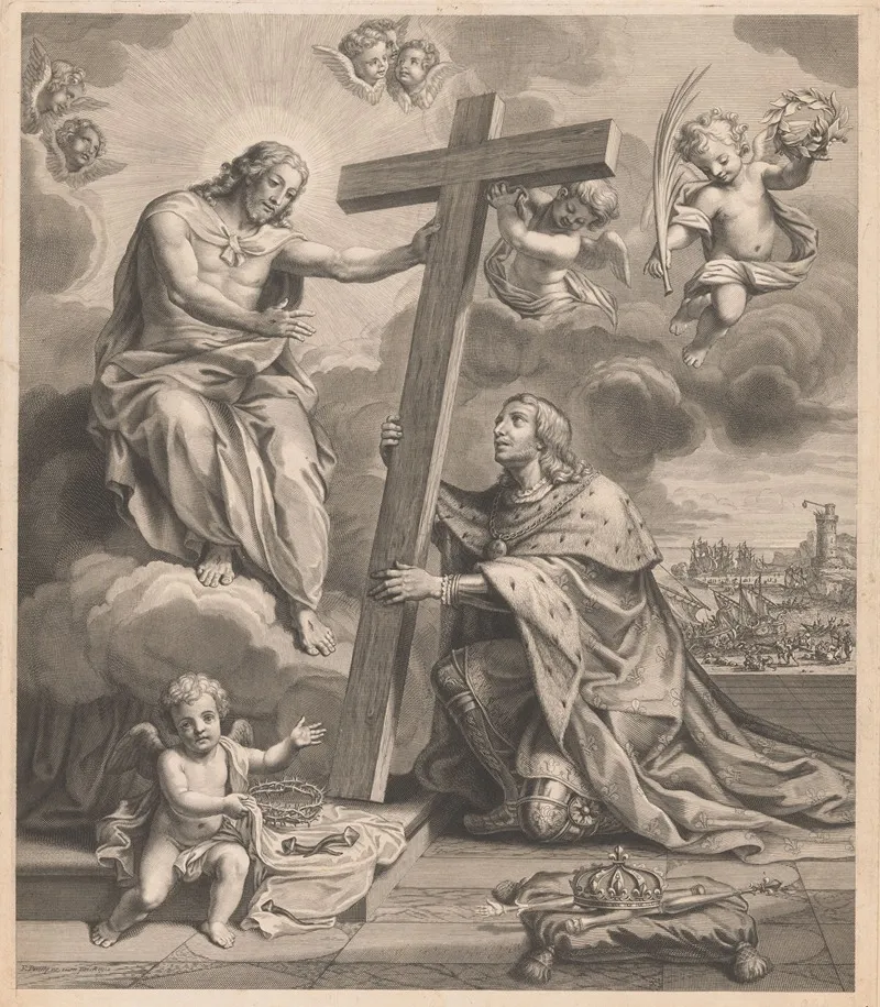 Kneeling King Before Christ On A Cloud Between Them The Cross Wall Art by Francois de Poilly - High-Resolution Digital Print