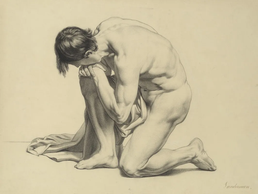 Kneeling Male Nude With Cloth 2 Wall Art by Jean Vandermeire  - High-Resolution Digital Print