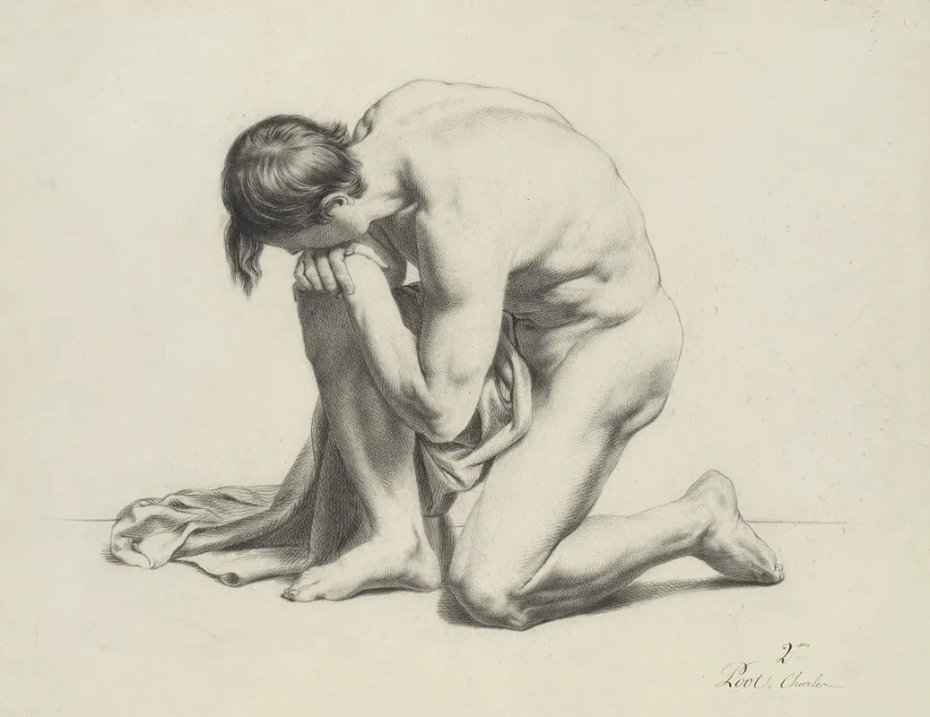 Kneeling Male Nude With Cloth Wall Art by Charles Poot - High-Resolution Digital Print