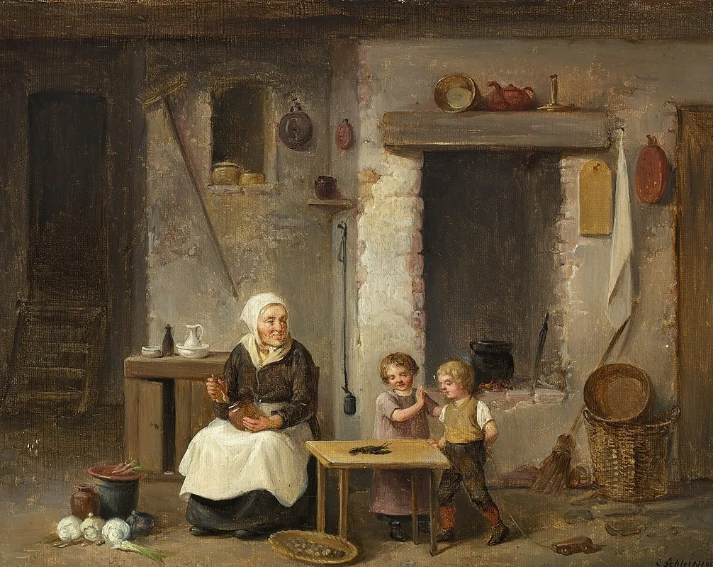 Kokkeninterior Med To Born Der Betragter En Hummer Wall Art by Christian Andreas Schleisner - High-Resolution Digital Print