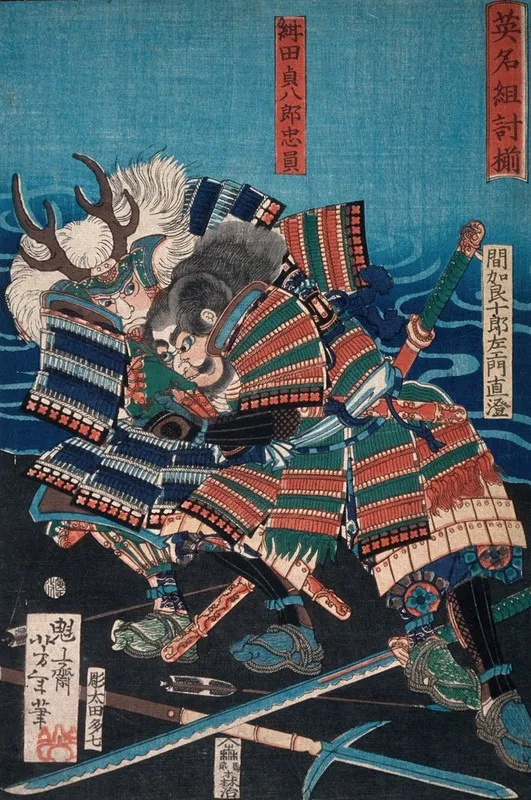 Konda Teihachiro Tadakazu And Makara Jurozaemon Naozumi Grappling By The Water Wall Art by Tsukioka Yoshitoshi - High-Resolution Digital Print