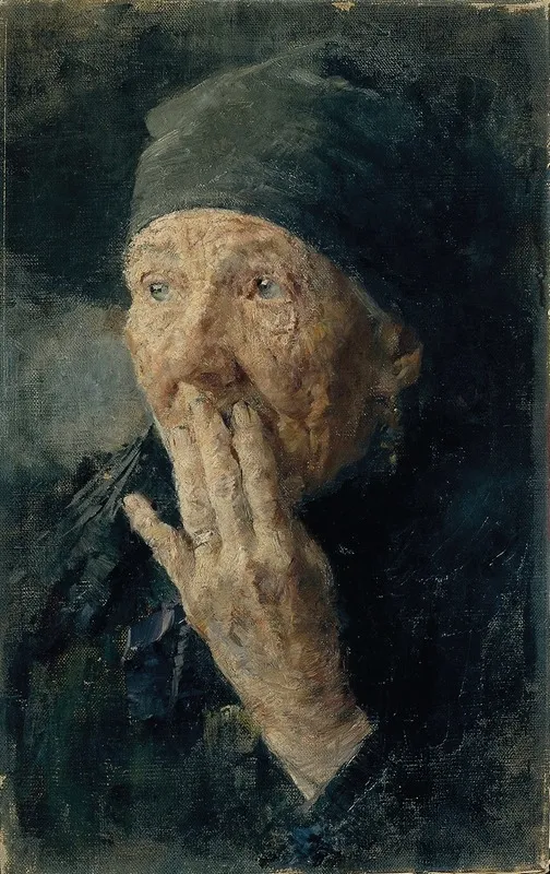 Kopf Einer Alten Frau Mit Der Hand Am Mund Wall Art by Karoline Kubin - High-Resolution Digital Print