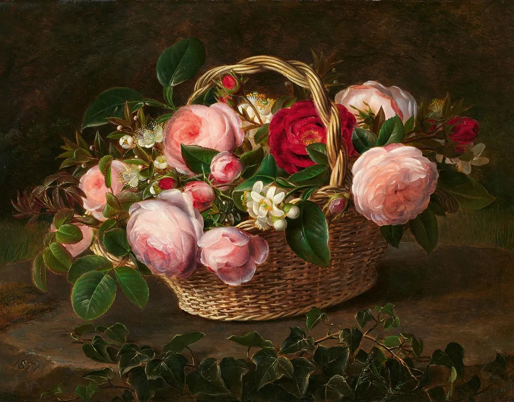 Korb Mit Rosen Und Apfelbluten Wall Art by Johan Laurentz Jensen - High-Resolution Digital Print