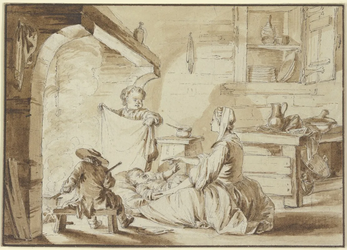 Kucheninterieur Mit Mutter Und Drei Kindern