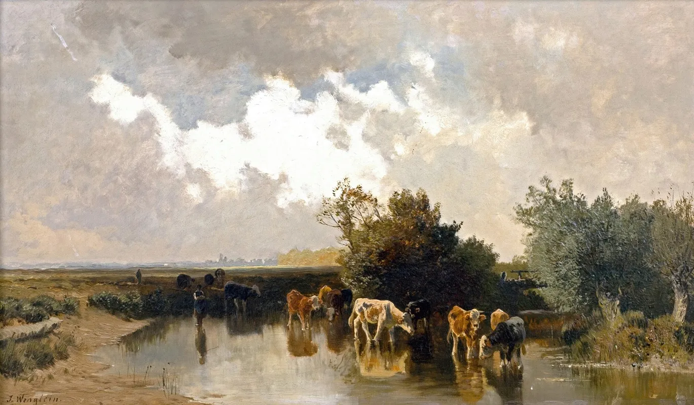 Kuhe An Der Tranke Bei Abendstimmung Wall Art by Joseph Wenglein - High-Resolution Digital Print
