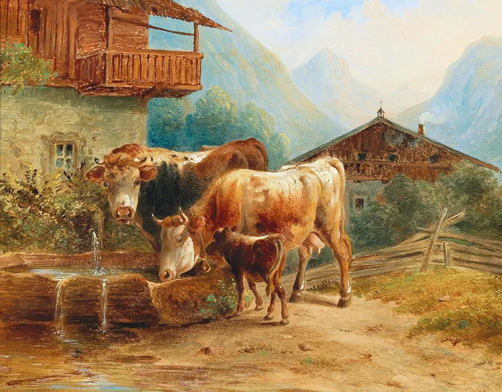 Kuhe An Der Tranke Wall Art by Joseph Heicke - High-Resolution Digital Print