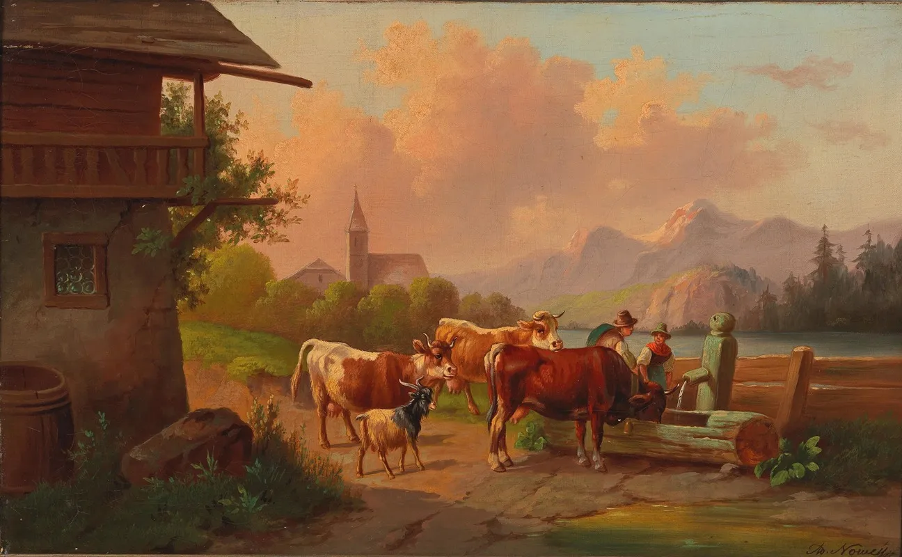 Kuhe Mit Hirte Und Hirtin An Der Tranke Wall Art by Adolf Nowey - High-Resolution Digital Print