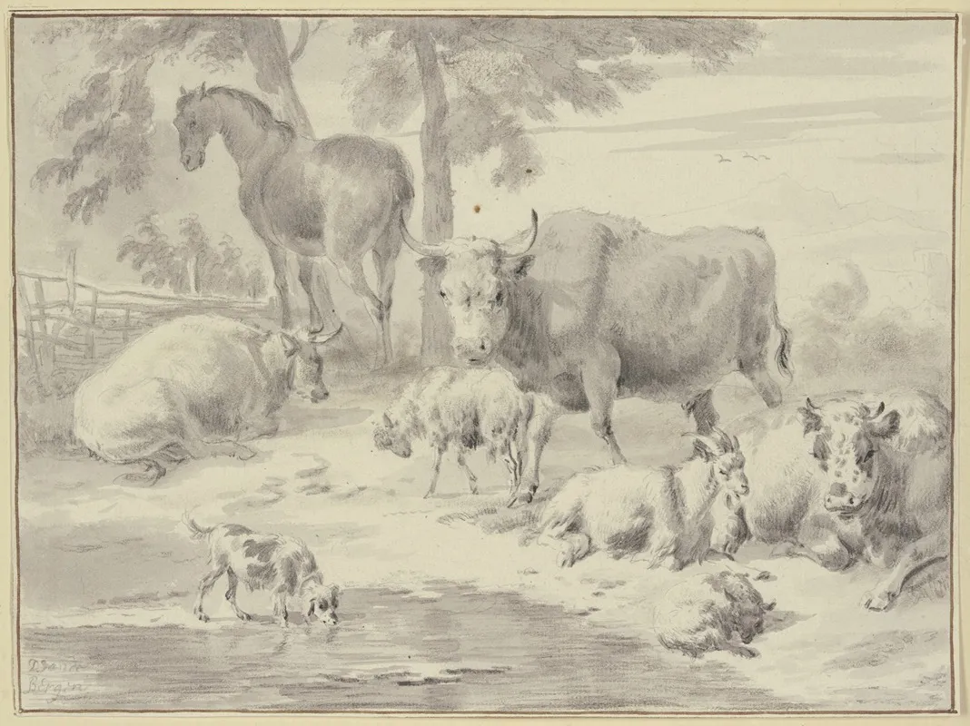 Kuhe Schafe Eine Ziege Ein Pferd Und Ein Hund Bei Einem Wasser Wall Art by Dirck van Bergen - High-Resolution Digital Print