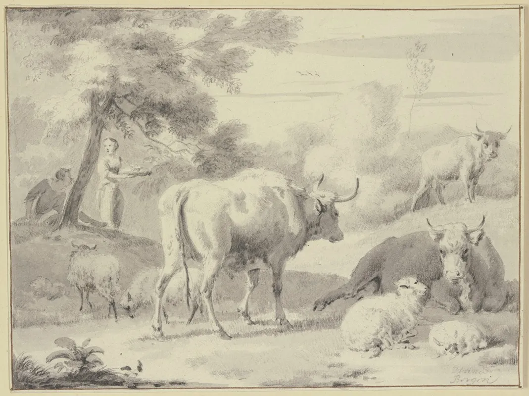 Kuhe Und Schafe Links Unter Einem Baum Hirte Und Hirtin Wall Art by Dirck van Bergen - High-Resolution Digital Print
