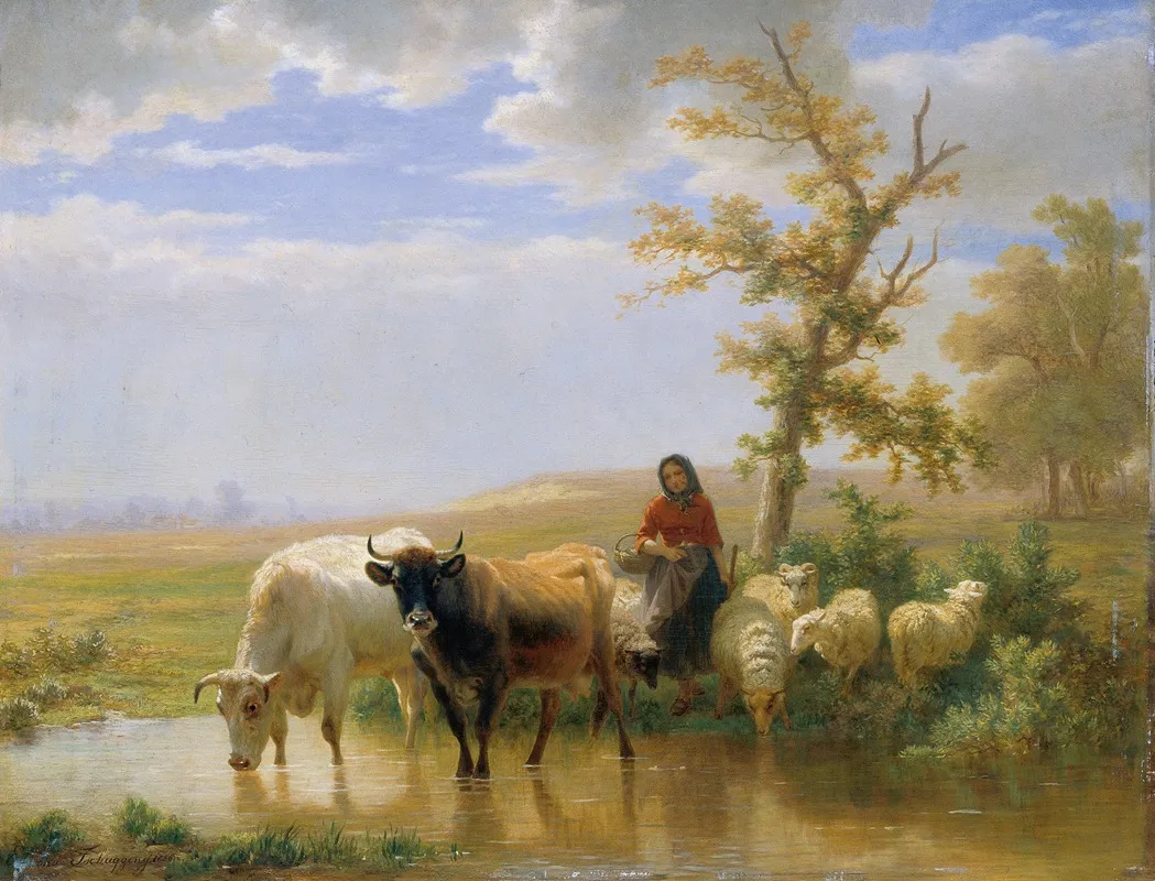 Kuhe Und Schafe Wall Art by Edmond Jean-Baptiste Tschaggeny - High-Resolution Digital Print