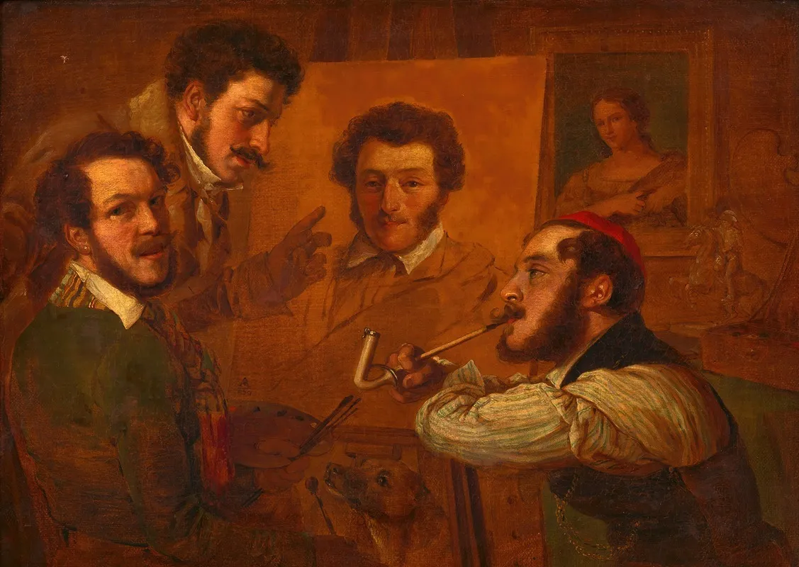 Kunstlergesellschaft Die Maler Gauermann Danhauser Und Alconiere Vor Dem Bild Dr Mullers Wall Art by Alexander Clarot - High-Resolution Digital Print