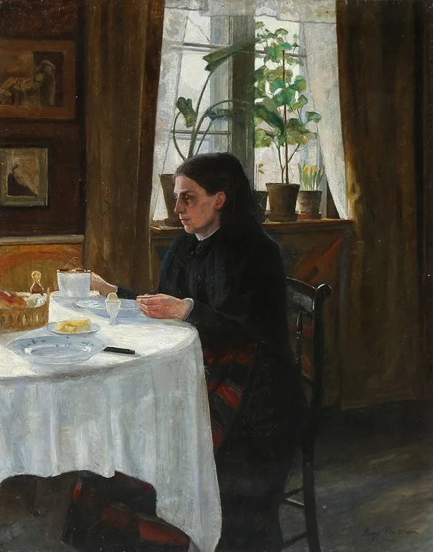 Kunstnerens Mor Agnes Siddende Ved Morgenmaden Wall Art by Aage Bertelsen - High-Resolution Digital Print