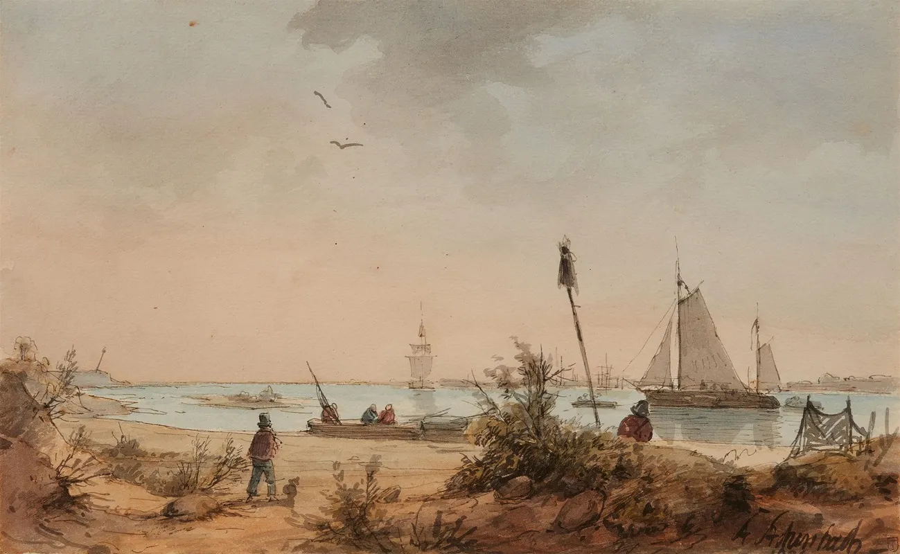 Kustenlandschaft Mit Fischern Und Segelschiffen In Der Ferne