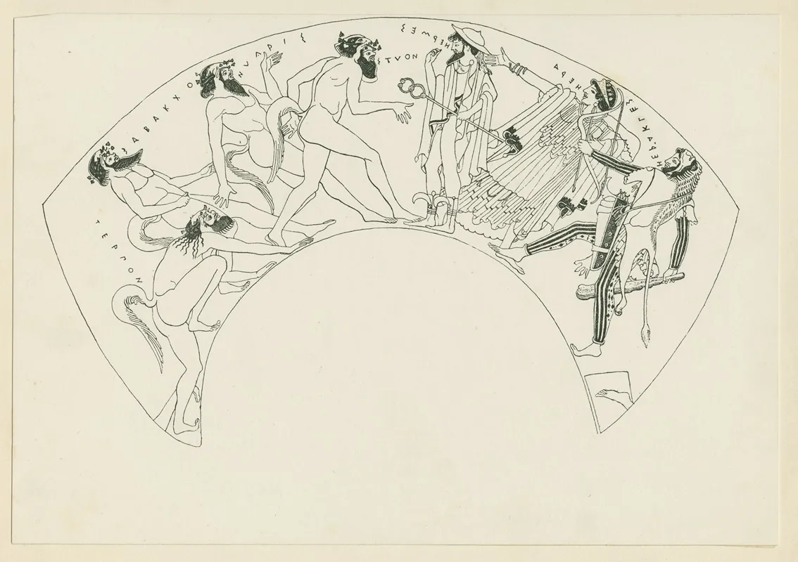 Kylix Painting With Four Satyrs Repelled By Hermes Hera And Heracles