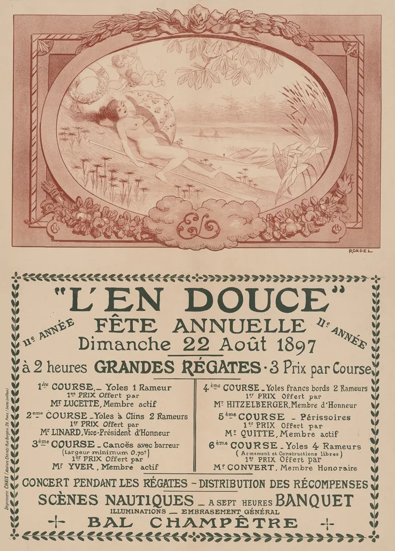 L En Douce Fete Annuelle 11e Annee Dimanche 22 Aout 1897 Grandes Regates Concert Pendant Les Regates Wall Art by Auguste Roedel - High-Resolution Digital Print