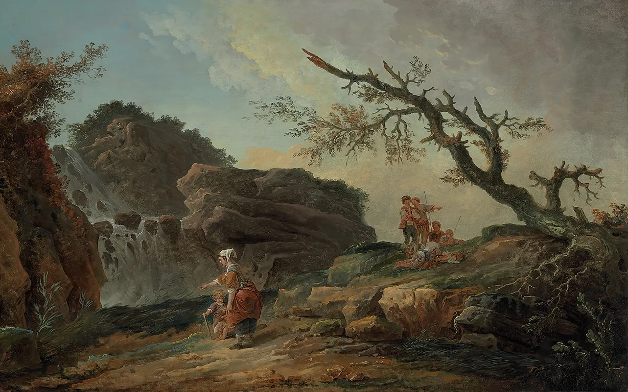La Cascade A Rocky Hillside With A Peasant Woman And Child Near A Waterfall And Boys Resting By A Blasted Tree Wall Art by Hubert Robert - Canvas Print