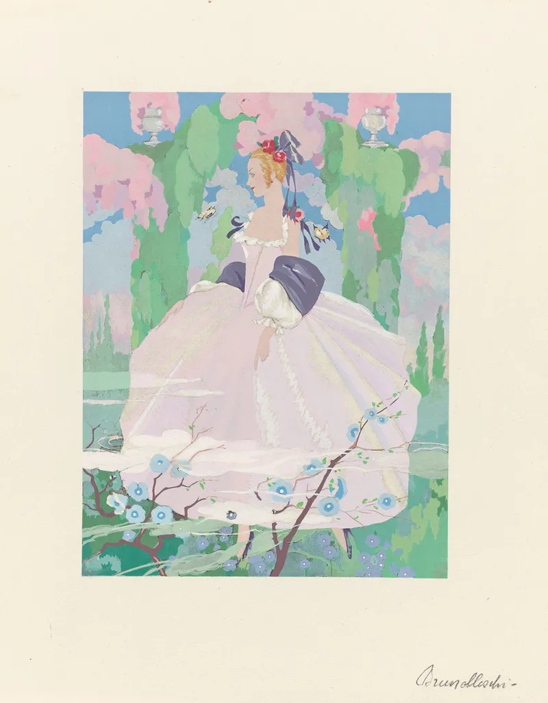 La Guirlande Woman In Pink Dress In Garden Wall Art by Umberto Brunelleschi - High-Resolution Digital Print