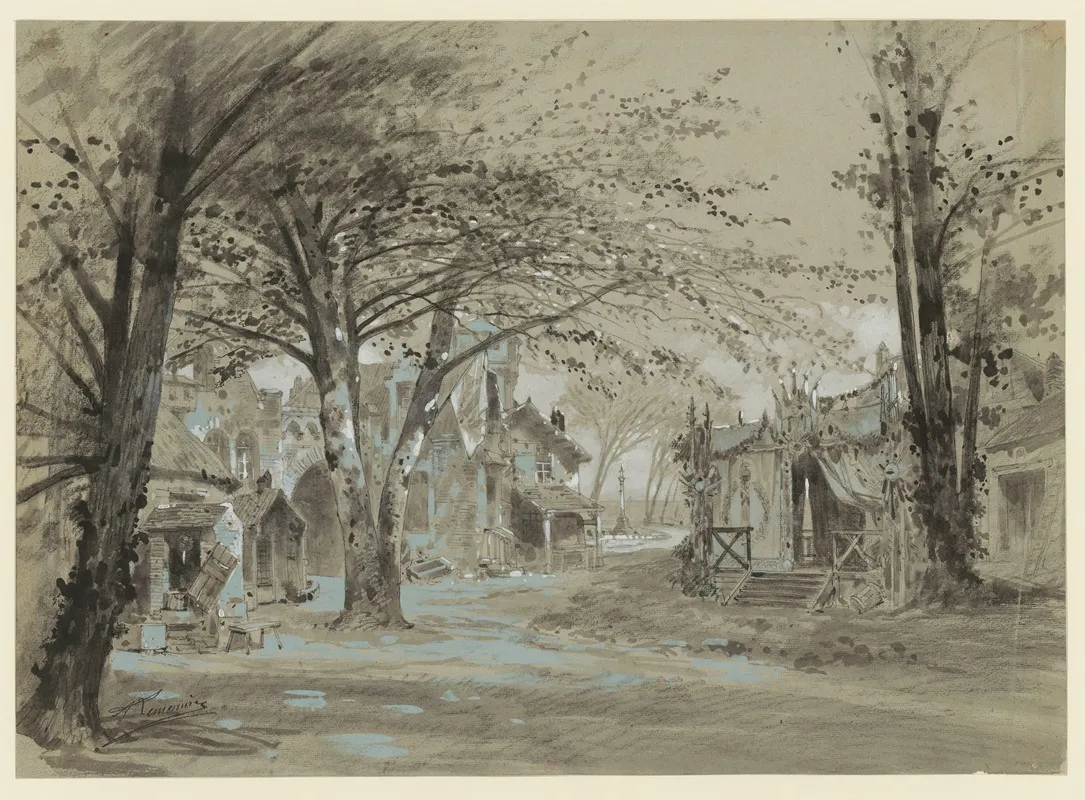 La Montansier Maquette De Decor Entree De Petite Ville Tribune Ornee De Drapeaux A Droite Wall Art by Alfred Lemeunier - High-Resolution Digital Print