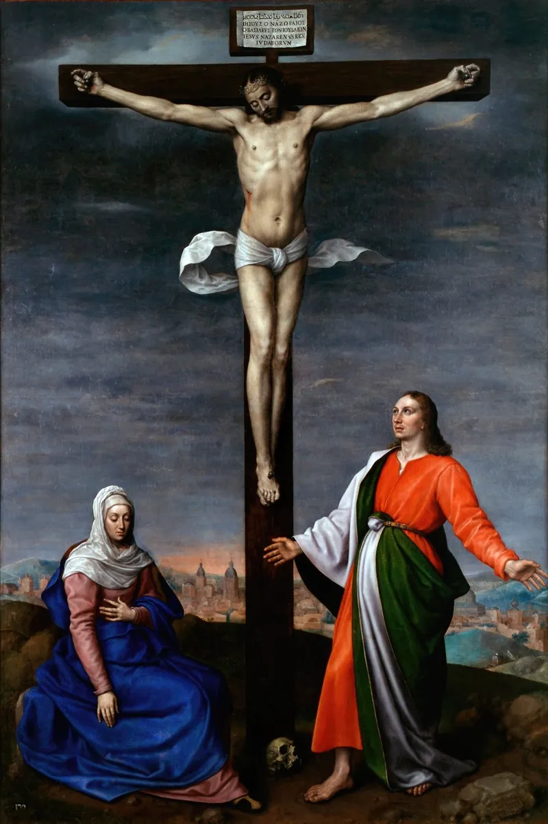 La Obra Muestra A Jesucristo Crucificado Junto A La Virgen Maria Y San Juan Evangelista Wall Art by Antonis Mor - High-Resolution Digital Print