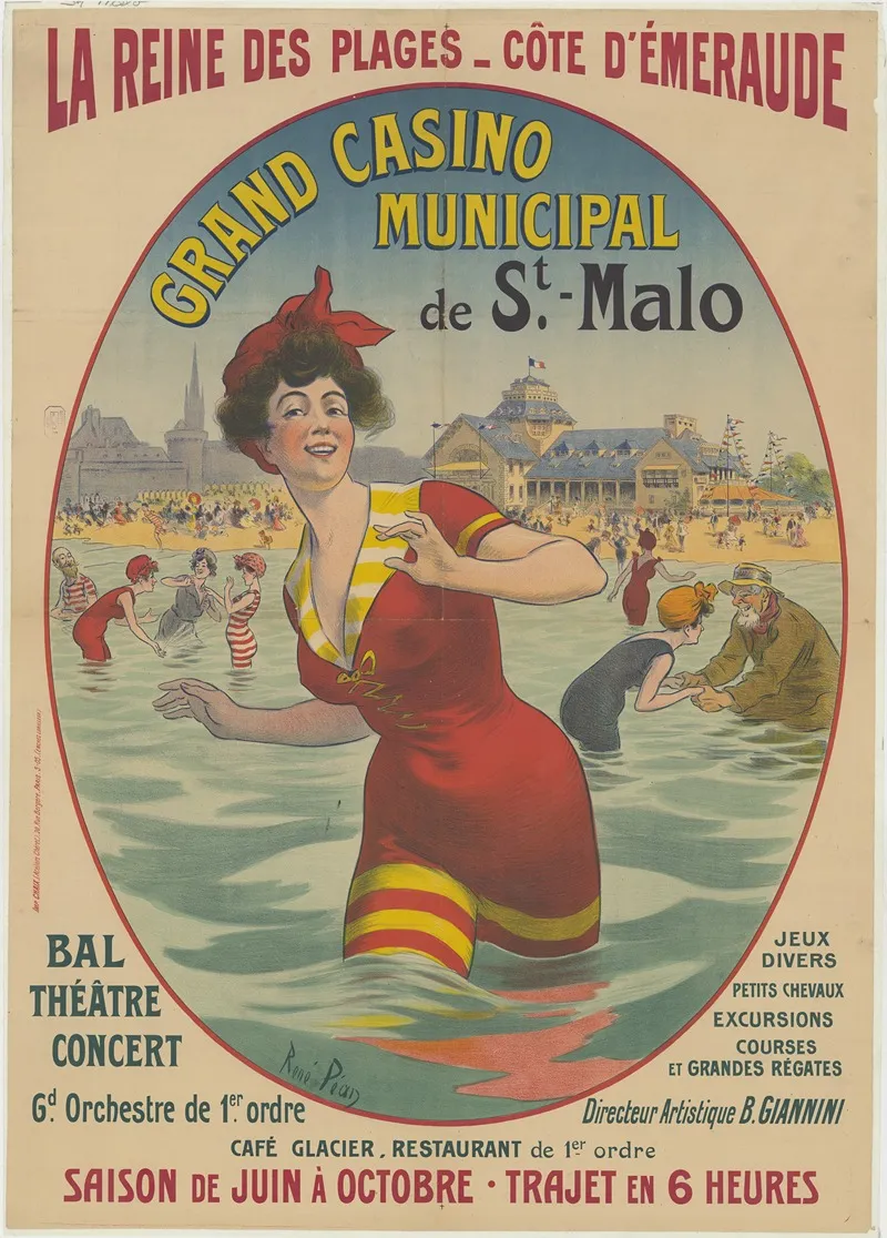La Reine Des Plages Cote Demeraude Grand Casino Municipal De St Malo Bal Theatre Concert Wall Art by René Péan - High-Resolution Digital Print