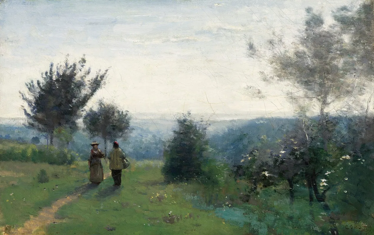 La Rencontre Matinale Sur Les Hauteurs De Sevres Wall Art by Jean-Baptiste-Camille Corot - High-Resolution Digital Print