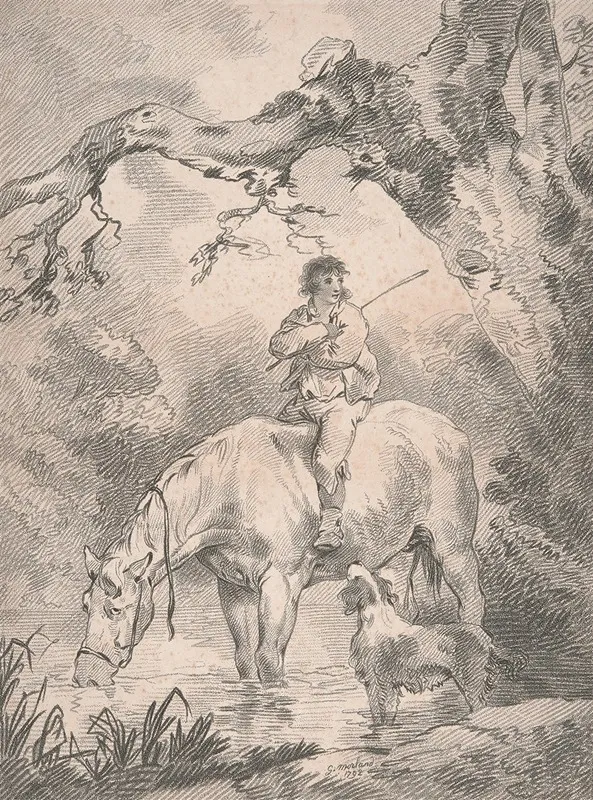 Lad Astride A Horse In A Stream Wall Art by George Morland - High-Resolution Digital Print
