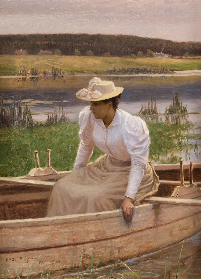 Lady In A Row Boat Lille Robad Ved Sobredden Wall Art by Niels Frederik Schiøttz-Jensen - High-Resolution Digital Print