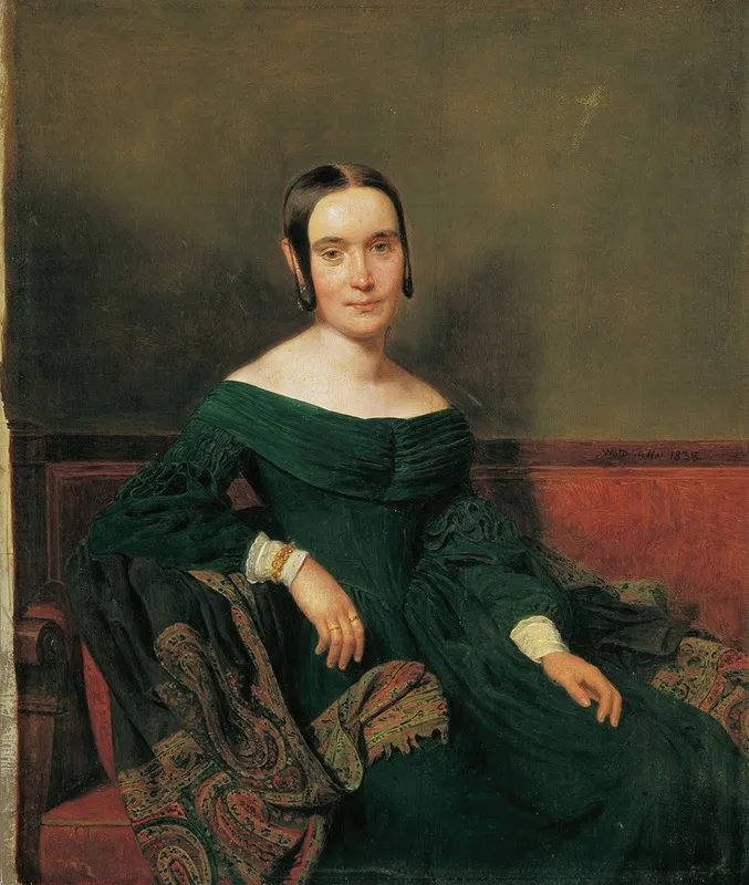 Lady In Vermilion Dress Wall Art by Ferdinand Georg Waldmüller - High-Resolution Digital Print