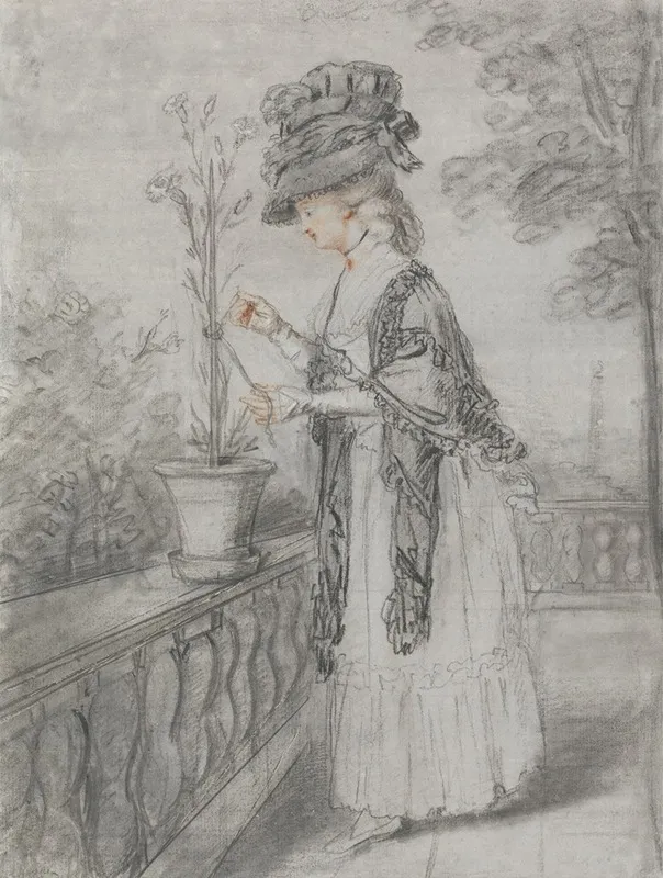 Lady On A Terrace Tending A Carnation Plant Wall Art by John Raphael Smith - High-Resolution Digital Print