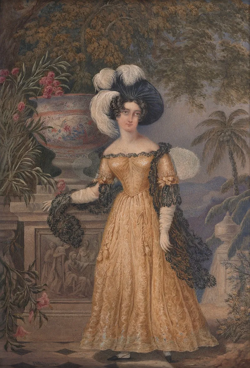 Lady Rowe Standing Small Full Length On A Terrace A Moonlit Jamaican Landscape Beyond Wall Art by Isaac Mendes Belisario - High-Resolution Digital Print