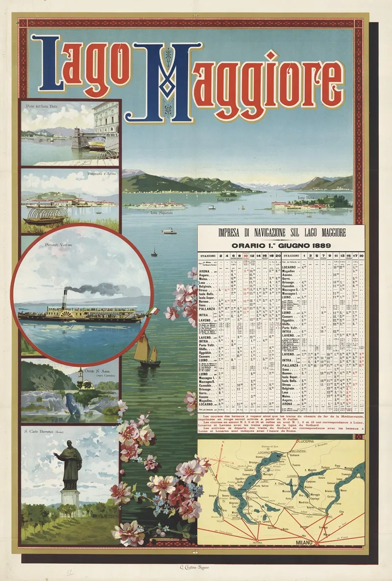 Lago Maggiore Impresa Di Navigazione Sul Lago Maggiore Orario 1 Giugno 1889 Wall Art by Gabriele Chiattone - High-Resolution Digital Print