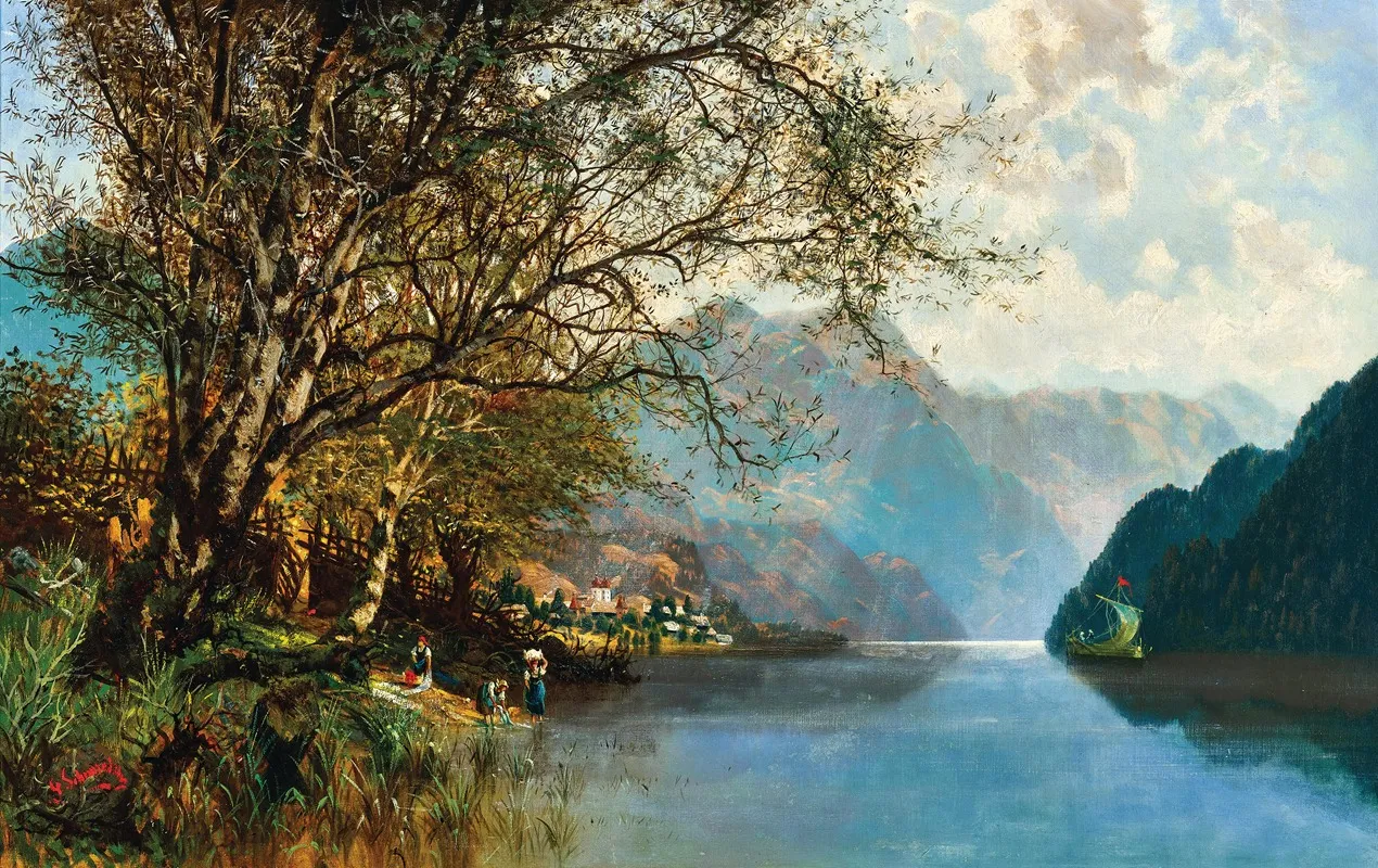Lake Millstattersee With Washerwomen Wall Art by Georg Schönreither - High-Resolution Digital Print