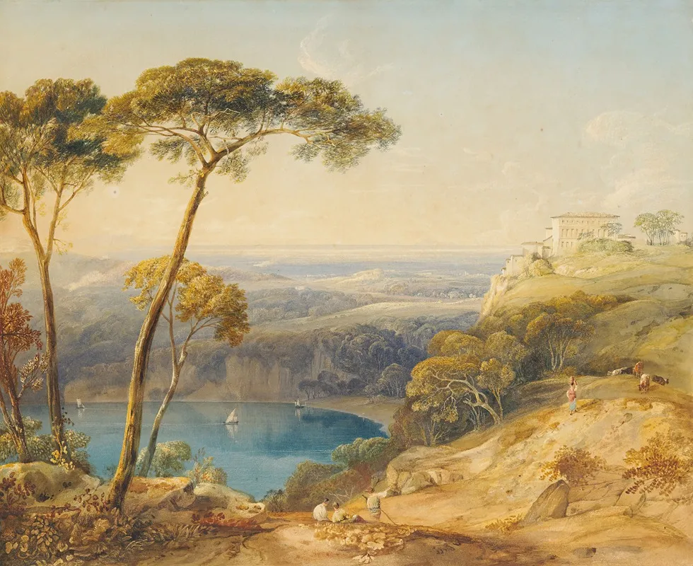 Lake Nemi With Pontine Marshes In The Background