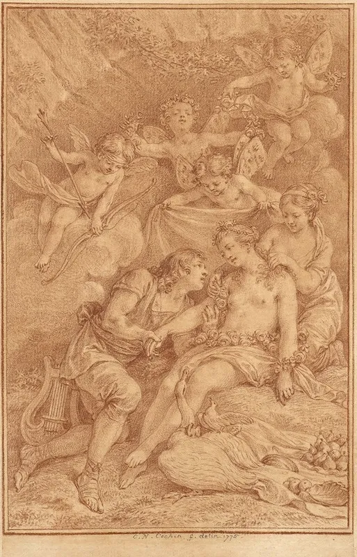 Lamour Va Blesser Charite Qui Regarde Venus Et Peristere Rassure Les Niceennes Qui Vont Ceder Aux Bergers Conduits Par Lamour Wall Art by Charles Nicolas Cochin II - High-Resolution Digital Print