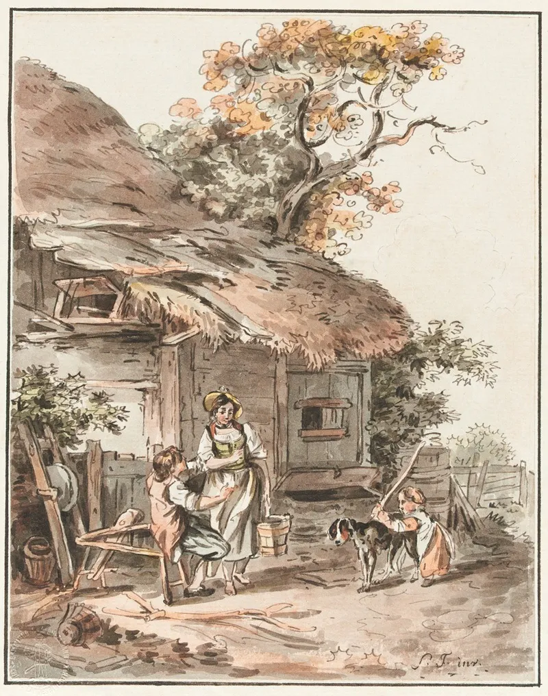 Landliche Szene Vor Einem Strohgedeckten Bauernhaus Wall Art by Sigmund Freudenberger - High-Resolution Digital Print