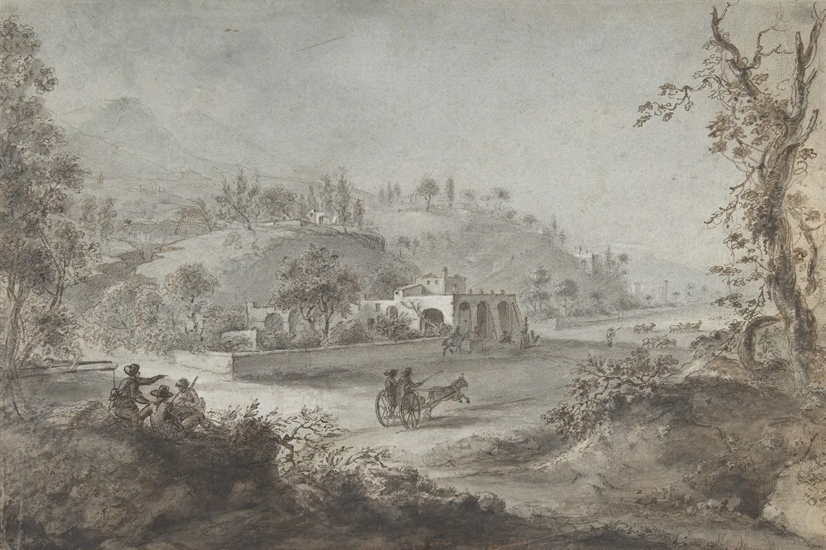 Landscape Prospect With A Buggy And A Herd Of Goats Wall Art by Giuseppe Zocchi - High-Resolution Digital Print