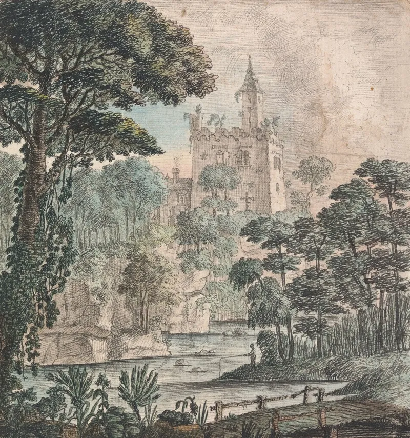 Landscape View Of A Ruined Castle With River Wooden Bridge And A Figure Fishing