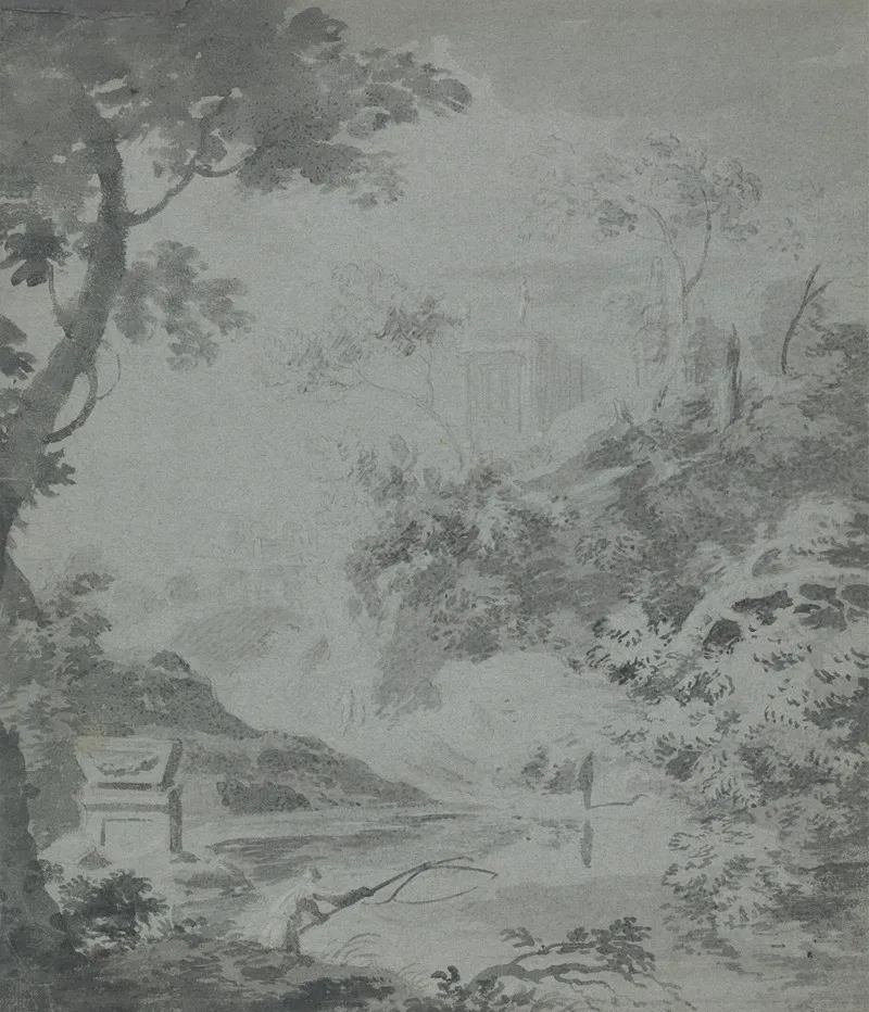 Landscape With A Distant Classical Building And A Man Fishing Wall Art by William Taverner - High-Resolution Digital Print