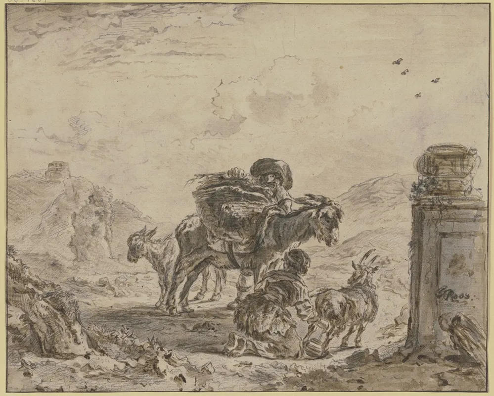 Landscape With A Farmer With A Loaded Donkey And Two Goats One Of Which Is Being Milked By A Girl Wall Art by Joseph Roos - High-Resolution Digital Print