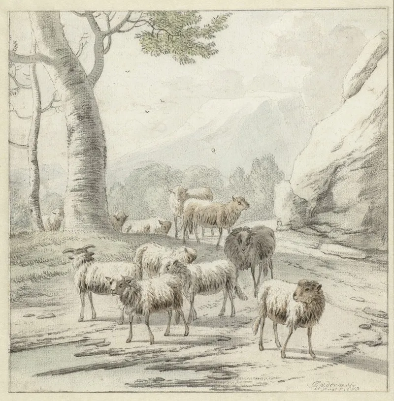 Landscape With A Flock Of Sheep Near A Tree Wall Art by Jan van der Meer the Younger - High-Resolution Digital Print