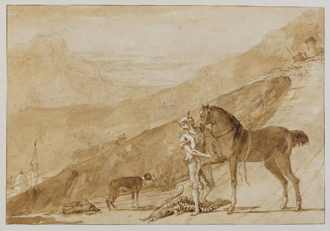 Landscape With A Horse Held By A Page Wall Art by Giovanni Domenico Tiepolo - High-Resolution Digital Print